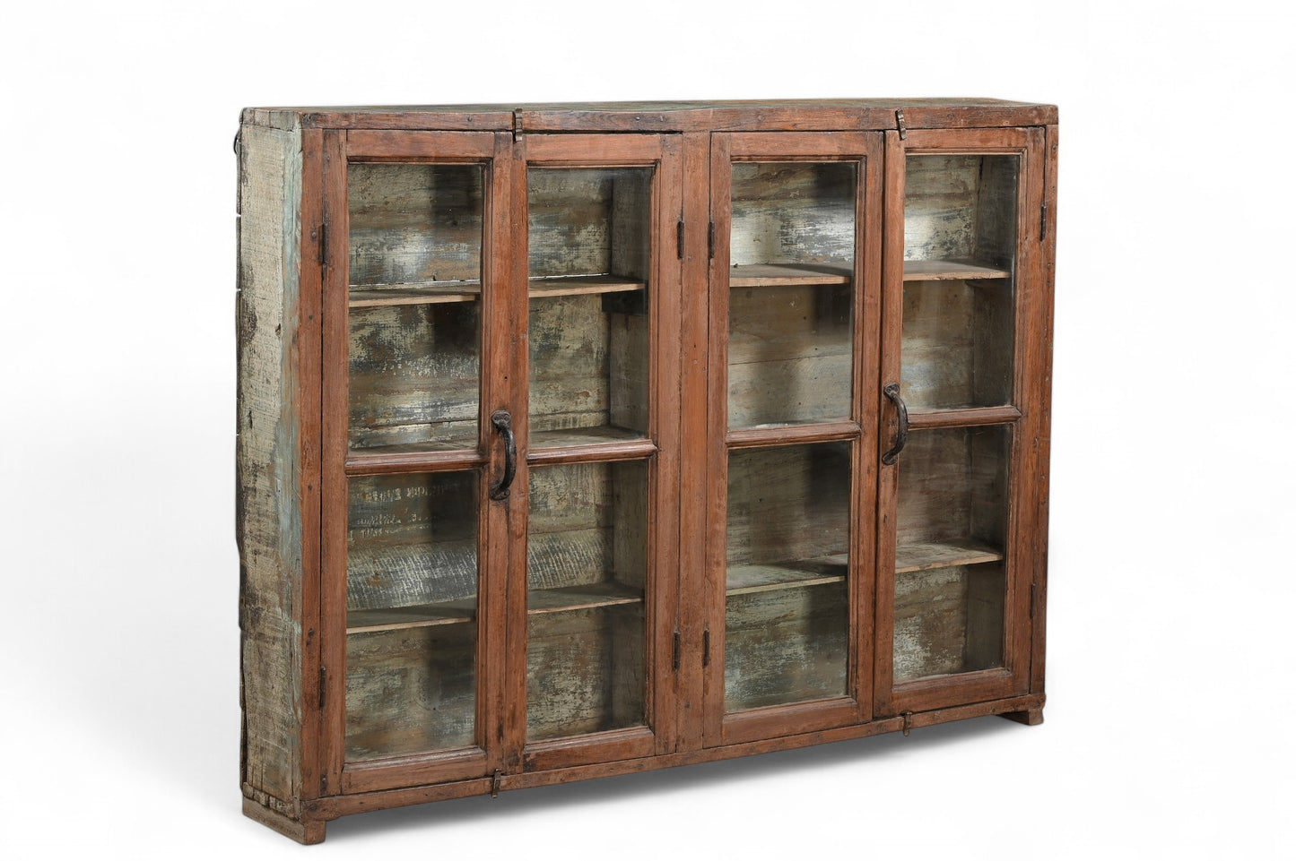 Vintage Teak and Recycled Wood Glass Wall Cabinet