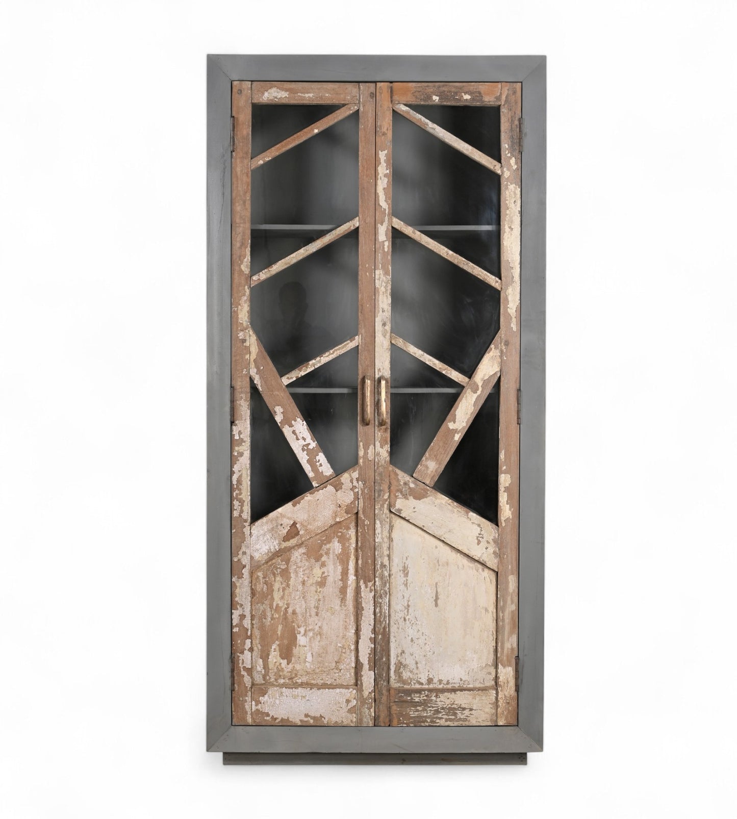 Vintage Teak and Recycled Wood Glass Cabinet