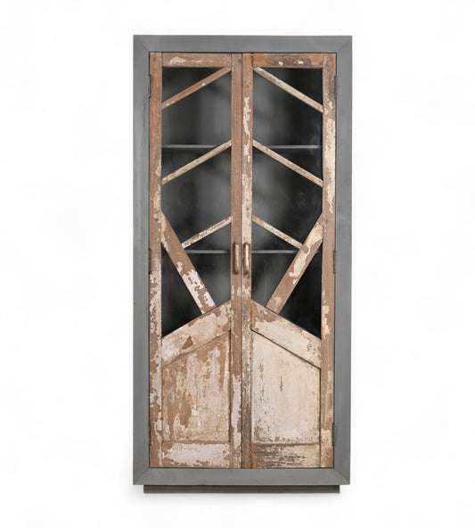 Vintage Teak and Recycled Wood Glass Cabinet