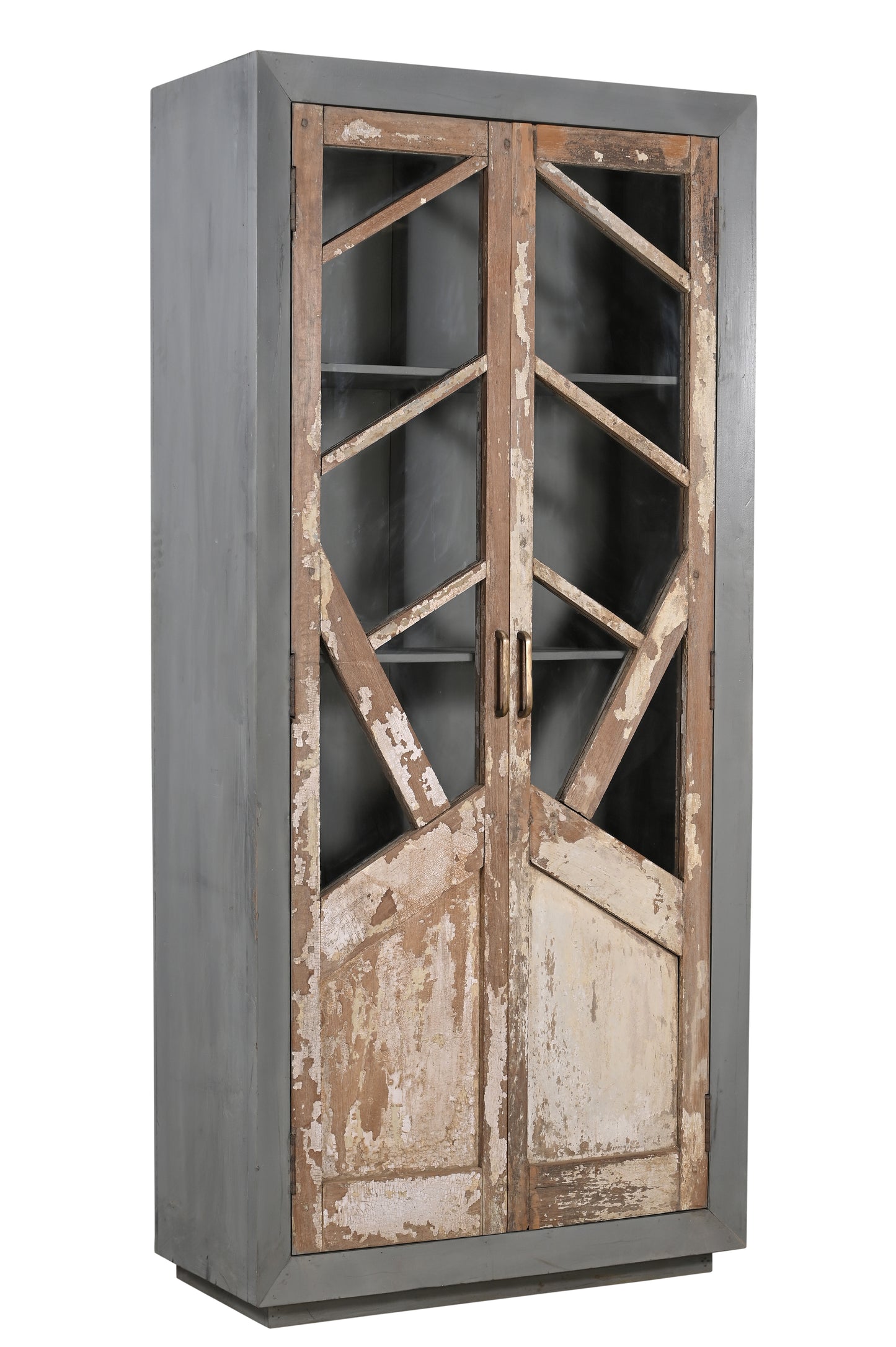 Vintage Teak and Recycled Wood Glass Cabinet