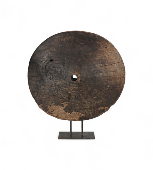 Vintage Teak Wheel on Iron Stand